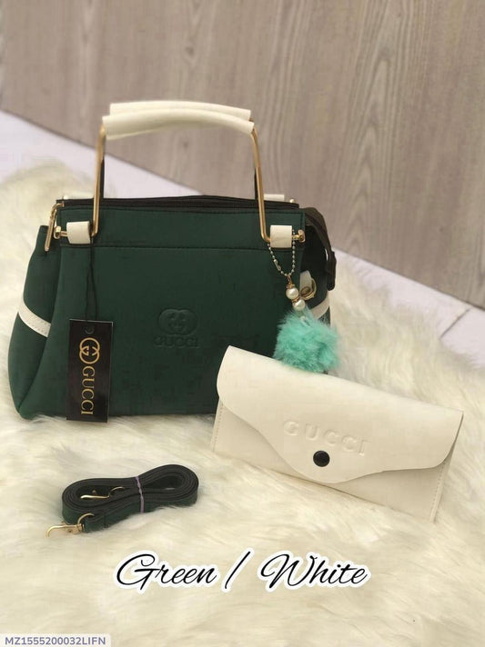 Luxury Green & White Handbag Set with Wallet & Shoulder Strap