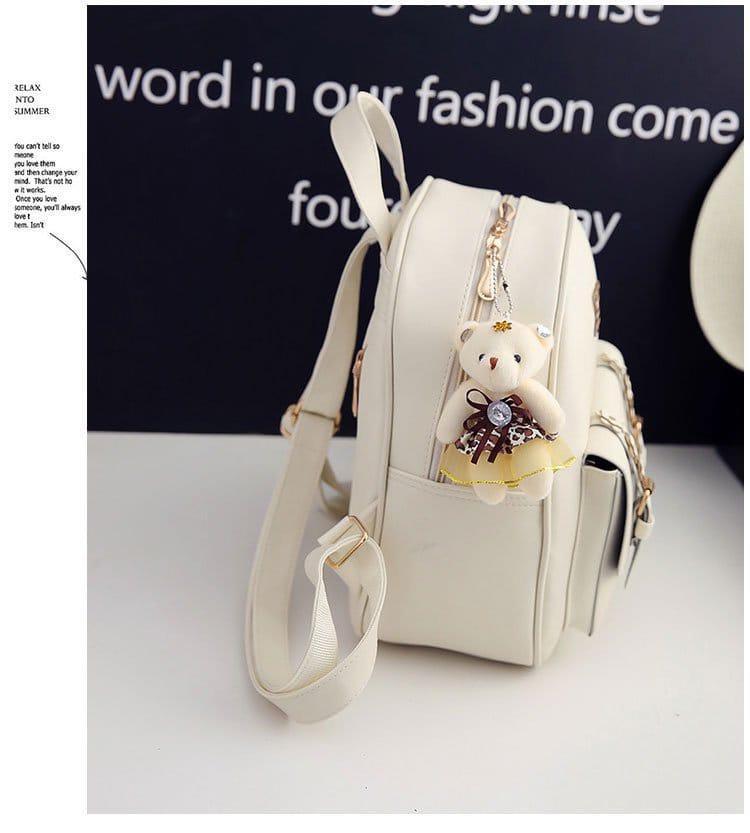Cute Korean Style Mini Backpack for Girls with Teddy Charm – Cream White