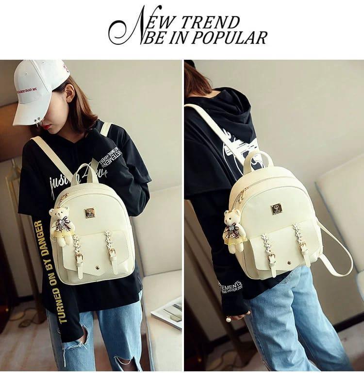 Cute Korean Style Mini Backpack for Girls with Teddy Charm – Cream White