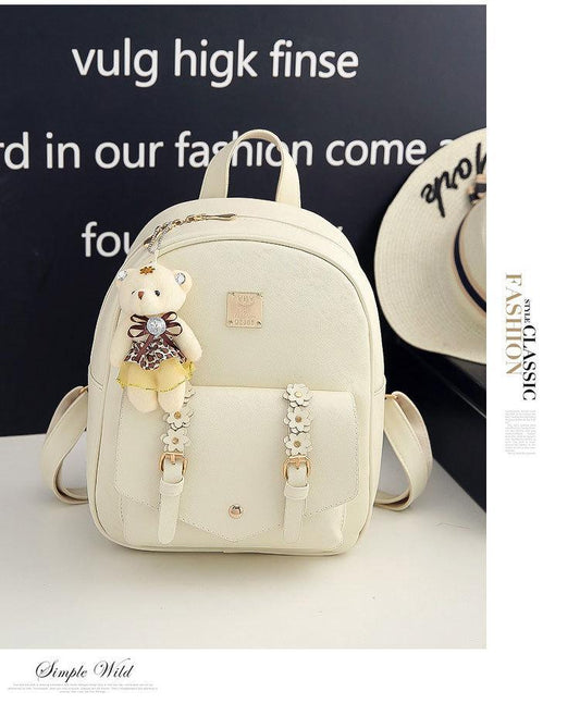Cute Korean Style Mini Backpack for Girls with Teddy Charm – Cream White