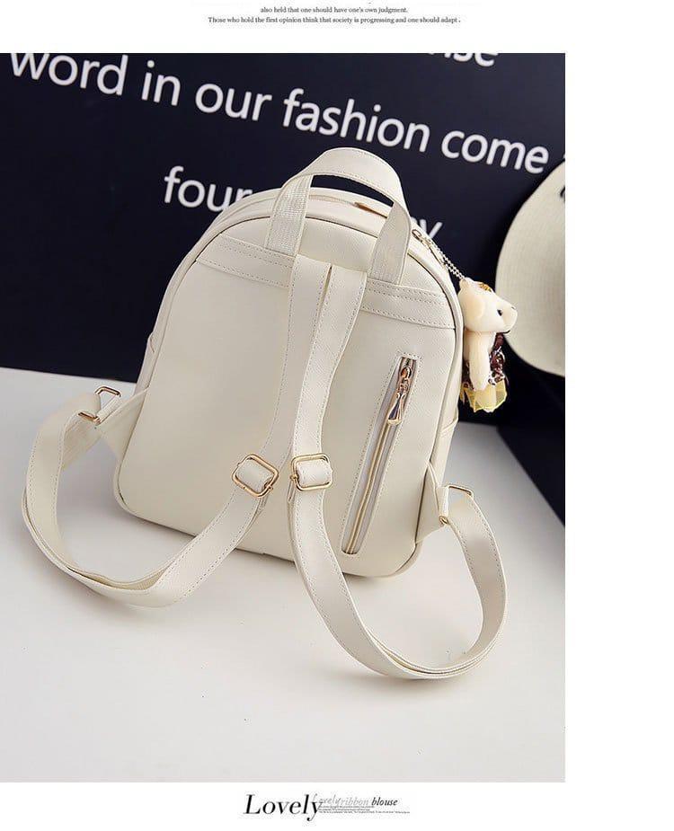 Cute Korean Style Mini Backpack for Girls with Teddy Charm – Cream White
